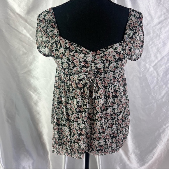 RSQ Other - 🖤RSQ Girl’s Black Mesh Floral Asymmetrical Hem Babydoll Blouse – Size XL, NWT
